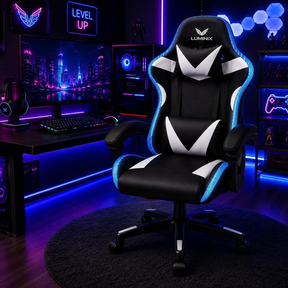 Cadeira gamer Luminix RGB em setup com luz azul